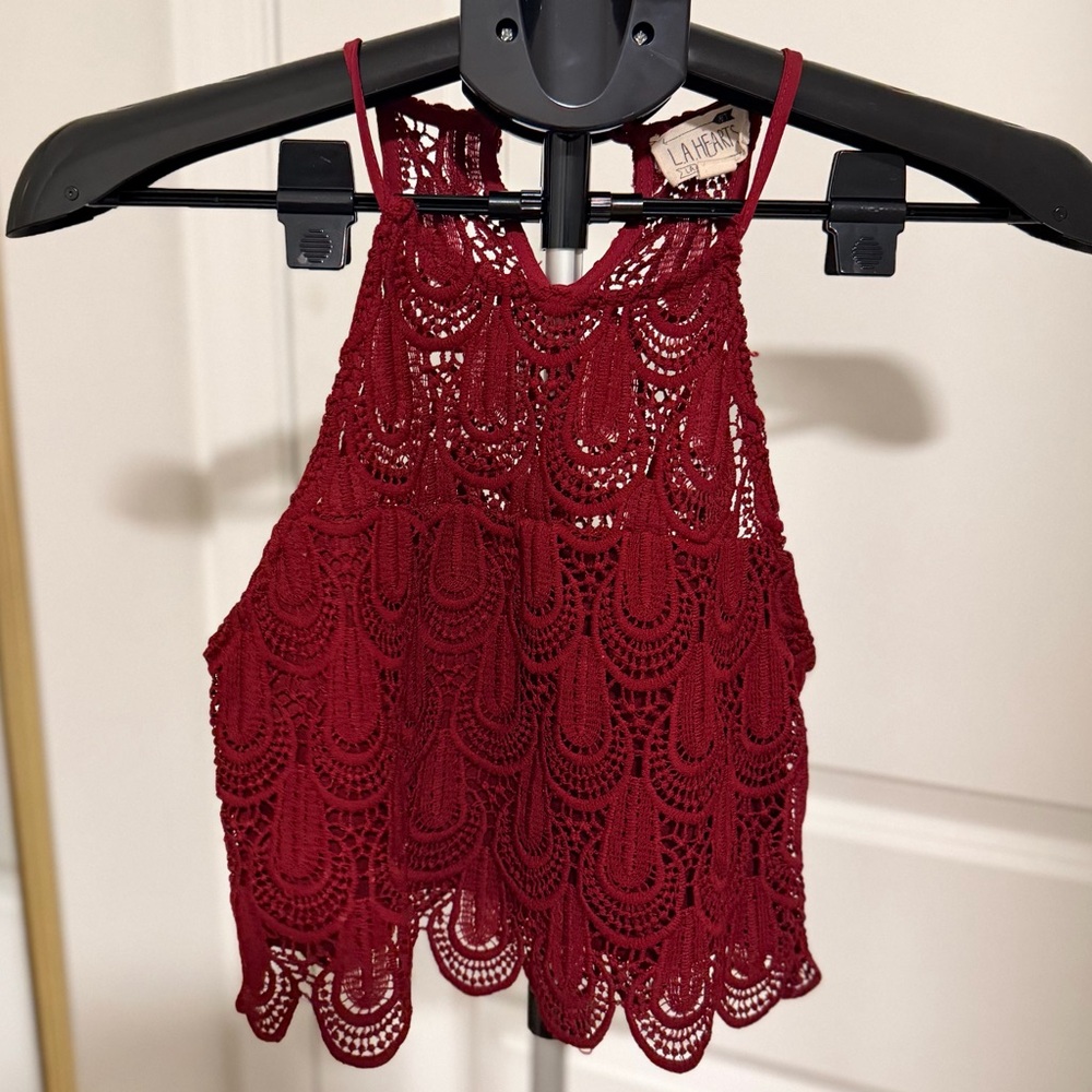 LA Hearts Burgundy Lace Crop Top